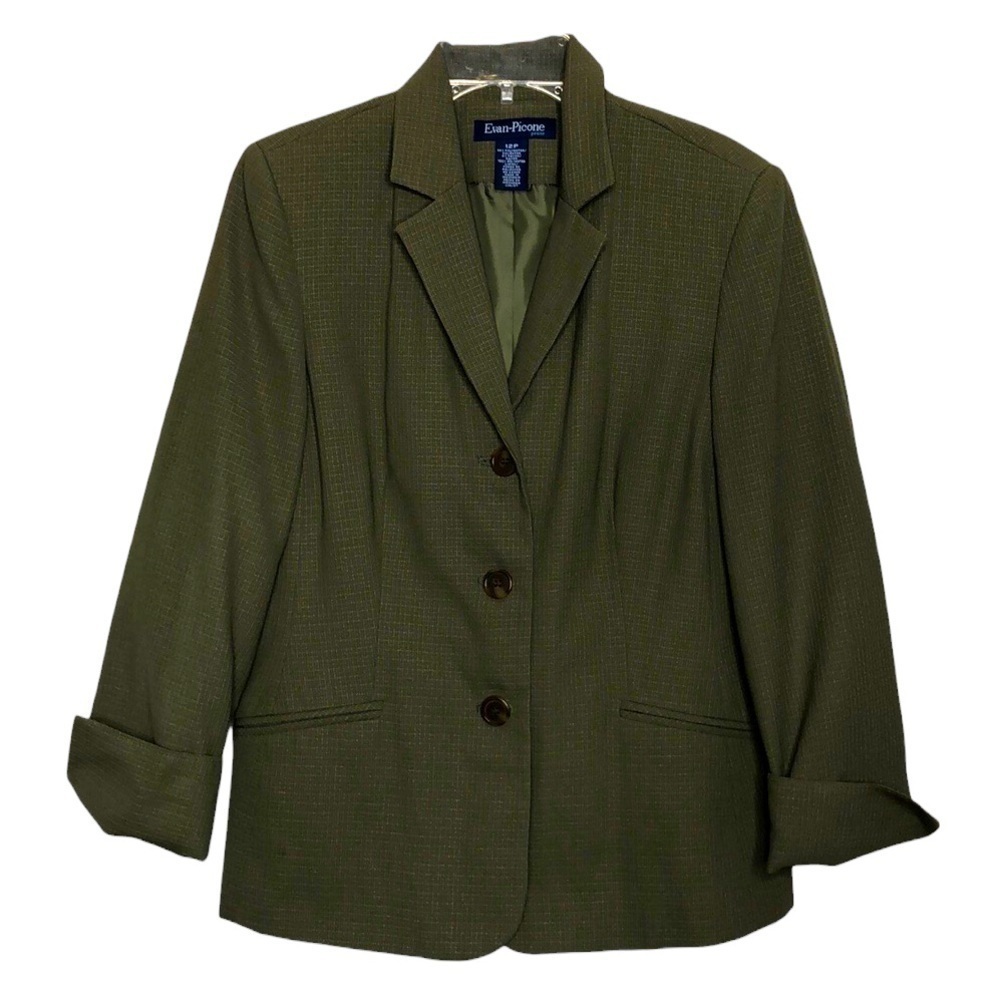 New - EVAN PICONE - Sage Green & Tan Micro Plaid Button Front Blazer - Size 12P